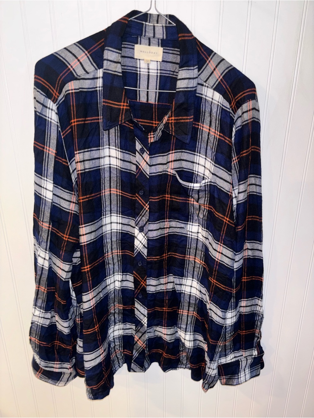 MELLODAY XXL Navy Orange Plaid Flannel Button Down Shirt NWOT